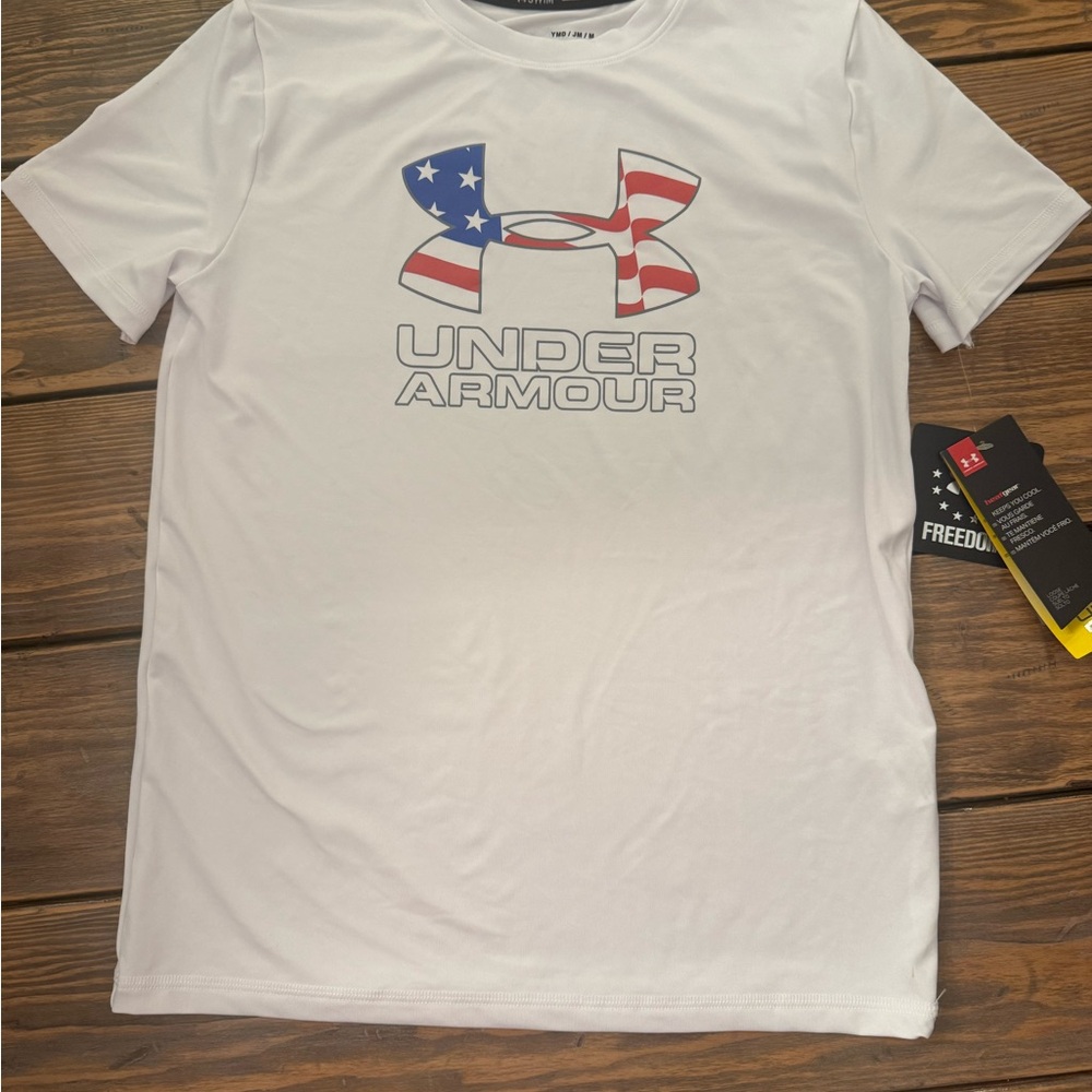 Boys Under Armour White Short-Sleeve Rashguard with Flag Logo Size youth medium